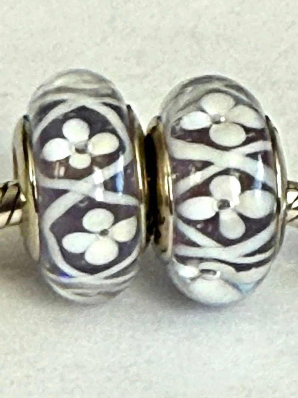 Purple and white Flowers Murano Glass Charms set fit Pandora bracelets
